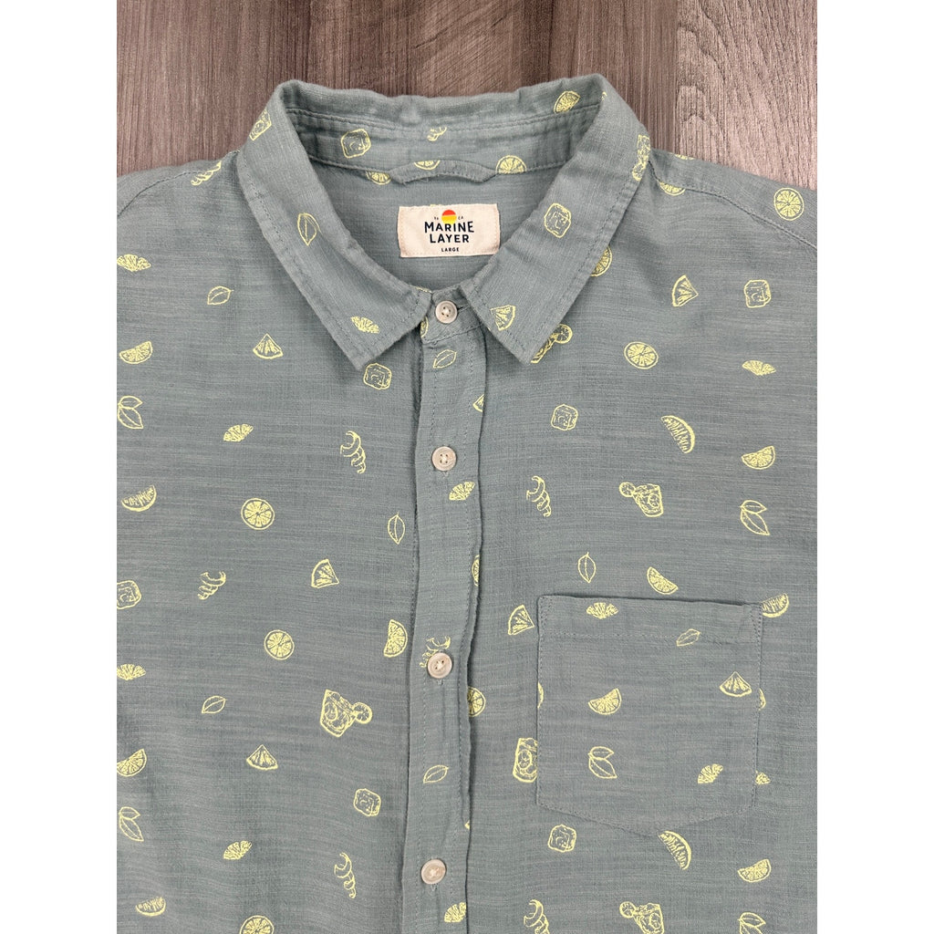 Marine Layer Poole Short Sleeve Button Down in Sage Gray and Yellow — Size Large // Preowned